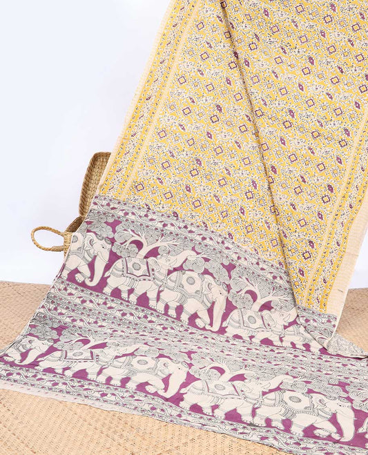 Yellow uniquely machine-printed kalamkari cotton saree, self-border & contrast elephant motifs pallu