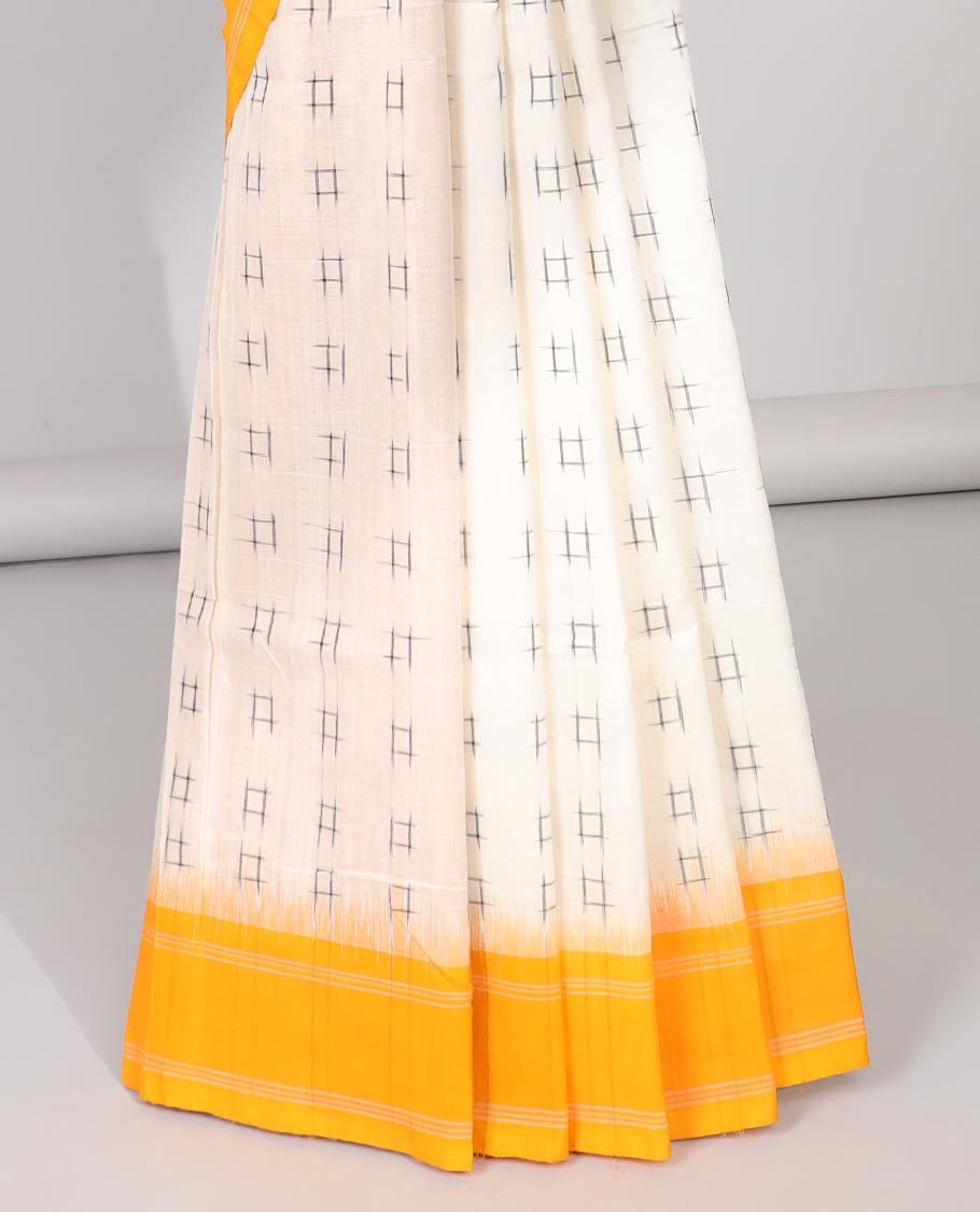 Cream Geomentric buttas ikkat cotton saree with contrast plain border &striped design pallu