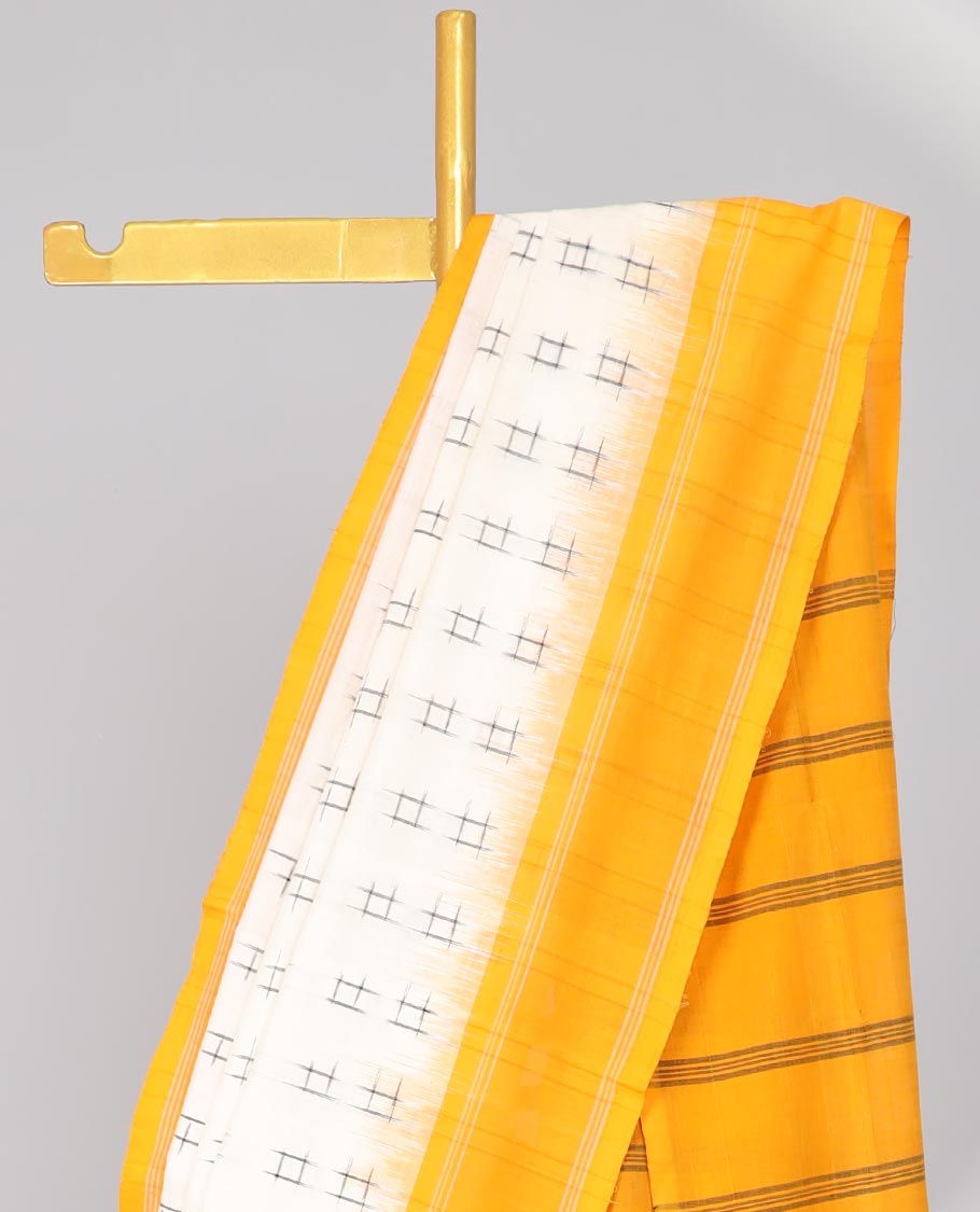 Cream Geomentric buttas ikkat cotton saree with contrast plain border &striped design pallu