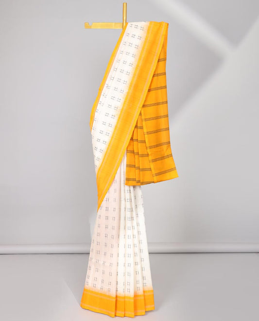 Cream Geomentric buttas ikkat cotton saree with contrast plain border &striped design pallu