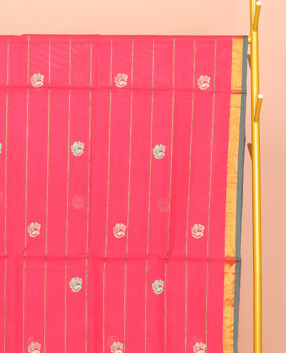 Pink Venkatagiri Cotton Saree, Embellished with Peacock Buttas and Stripes, a Contrast Floral Creeper  Zari Border, Pallu of Buttas and Stripes, and No Blouse