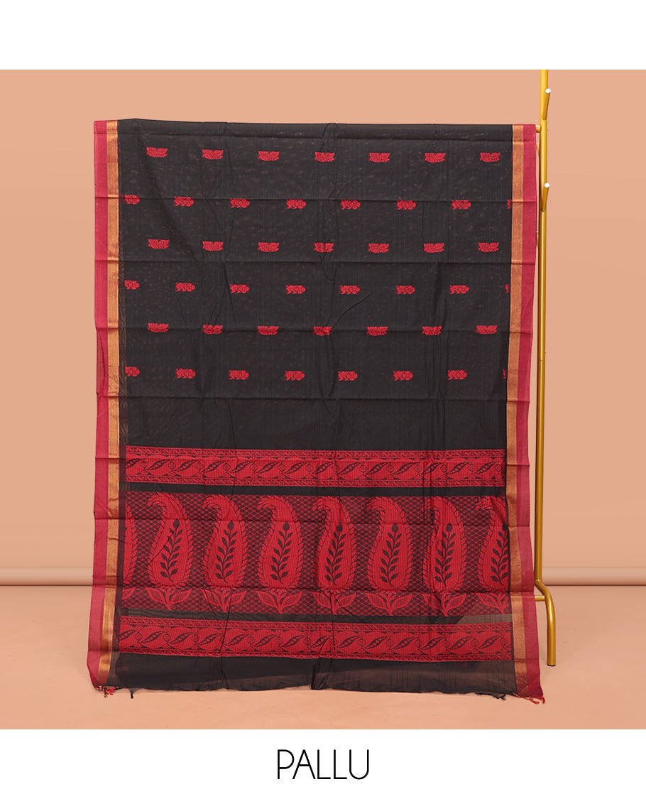 Black Kanchi Cotton Saree, Bedecked with Red Thread Buttas, Contrast Border, Pallu of Paisleys, and a Matching Blouse