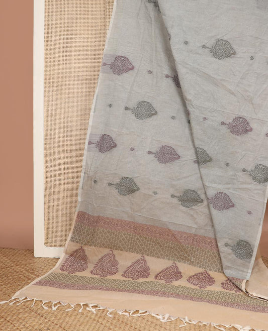 Borderless grey buttas Coimbatore cotton saree, self-pallu of intricate designs