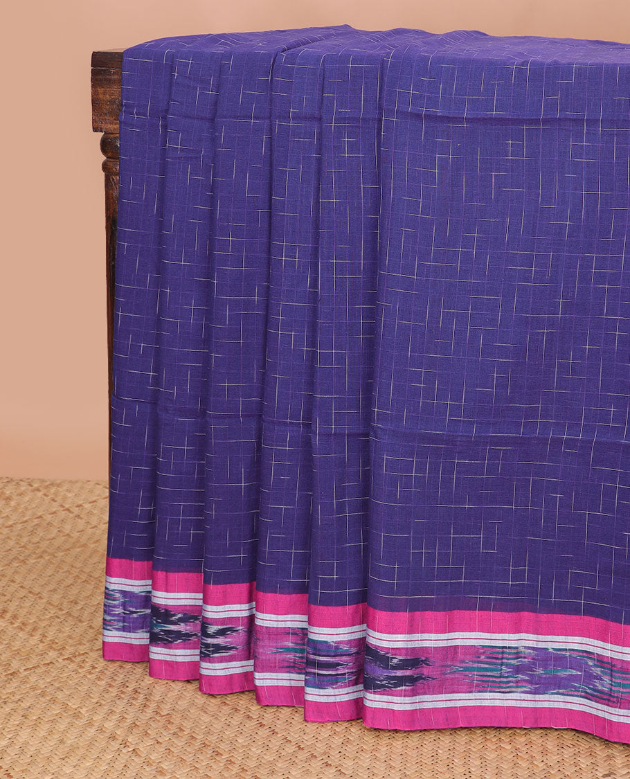 Dark blue checked design ikkat cotton saree with floral design border & floral design pallu