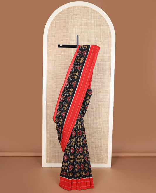 Black floral-geometric ikkat cotton saree, contrast striped border & diamond-patterned pallu