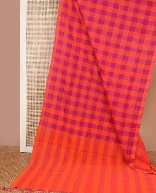 Borderless multi-color checked venkatagiri cotton saree with striped pallu