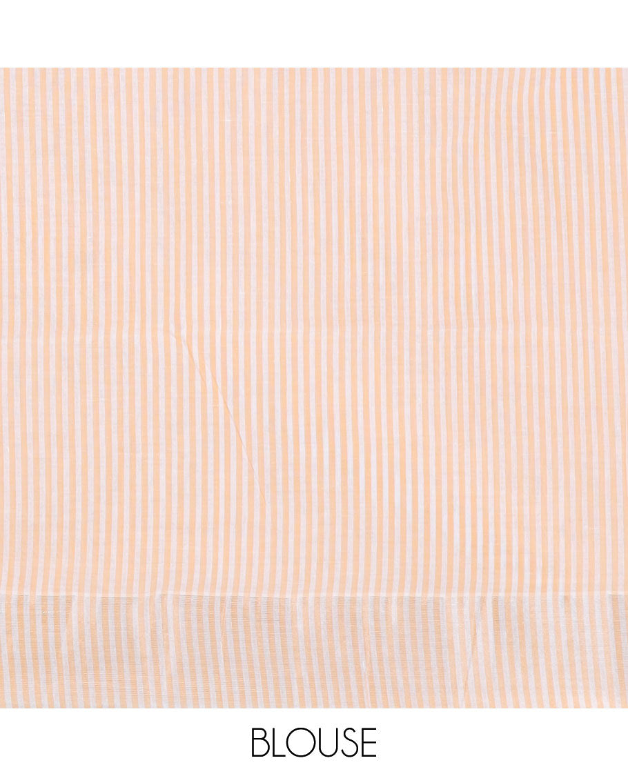 Half-white & orange striped jute cotton saree, zari border & striped pallu