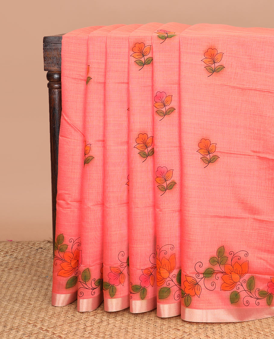 Pink floral vine printed chirala cotton saree, bavanji border, and contrast floral vine print pallu