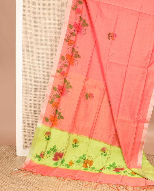 Pink floral vine printed chirala cotton saree, bavanji border, and contrast floral vine print pallu