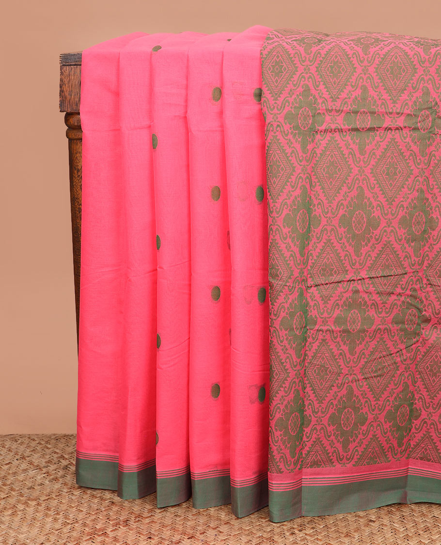Pink polka dot buttas kanchi cotton saree, contrast border, and jaal design pallu