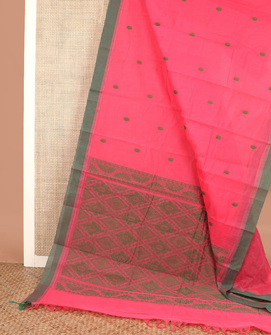 Pink polka dot buttas kanchi cotton saree, contrast border, and jaal design pallu