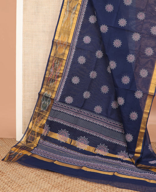 Blue rangoli-style motifs printed Andhra cotton saree, ikkat border, and pallu of rangoli-style motifs