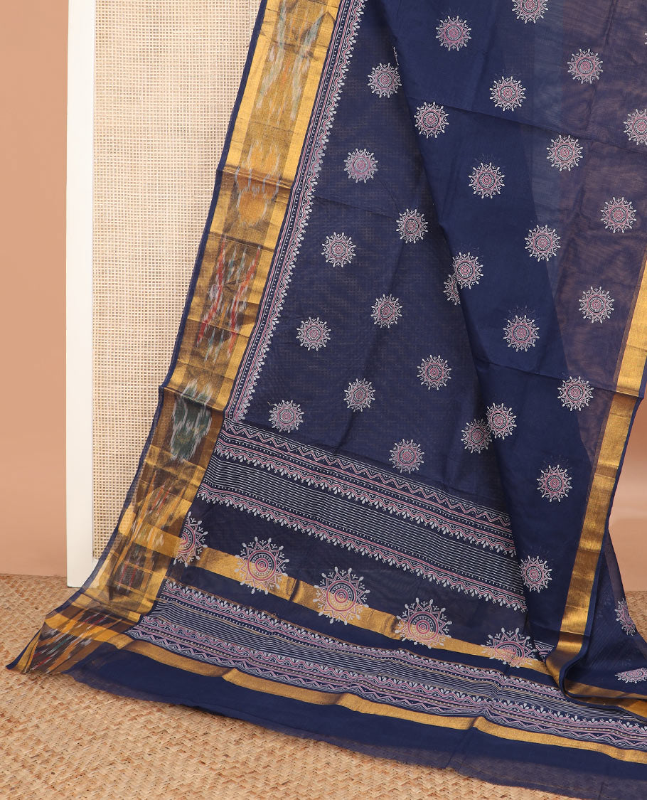 Blue rangoli-style motifs printed Andhra cotton saree, ikkat border, and pallu of rangoli-style motifs