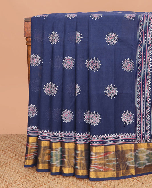 Blue rangoli-style motifs printed Andhra cotton saree, ikkat border, and pallu of rangoli-style motifs
