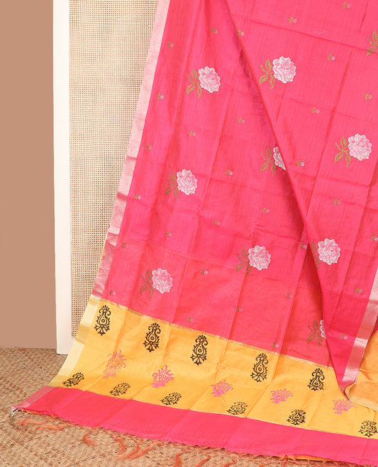 Dark pink rose floral embroidered chirala cotton saree, plain border, and contrast printed pallu