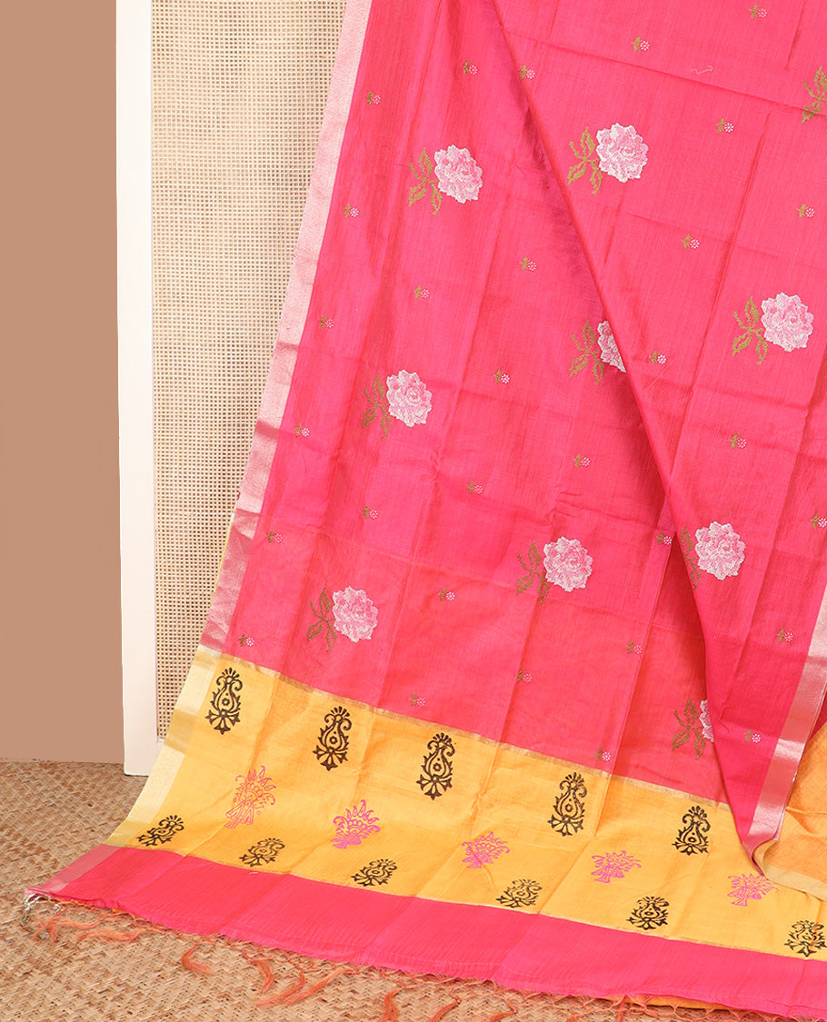 Dark pink rose floral embroidered chirala cotton saree, plain border, and contrast printed pallu