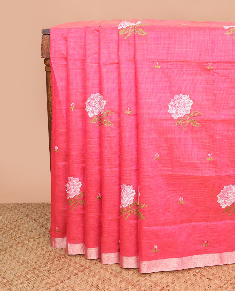 Dark pink rose floral embroidered chirala cotton saree, plain border, and contrast printed pallu