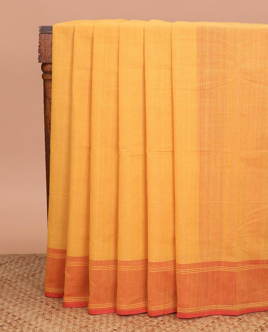 Yellow plain Mangalgiri cotton saree, contrast double striped border, and striped pallu