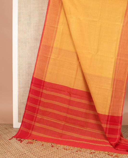 Yellow plain Mangalgiri cotton saree, contrast double striped border, and striped pallu