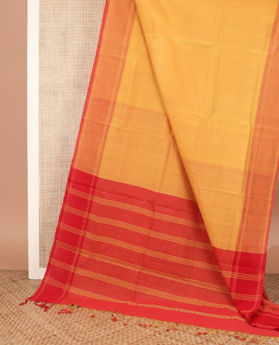 Yellow plain Mangalgiri cotton saree, contrast double striped border, and striped pallu