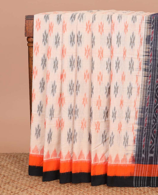 Sandal buttas ikkat cotton saree, contrast plain border, and pallu of ikkat designs