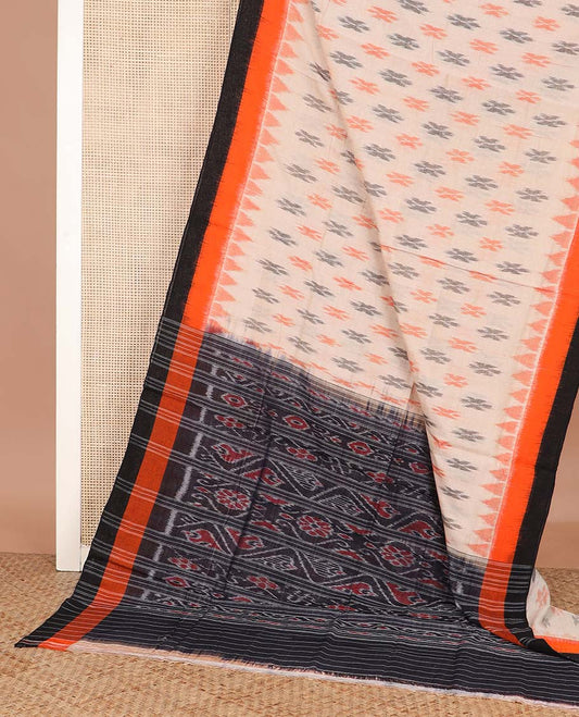 Sandal buttas ikkat cotton saree, contrast plain border, and pallu of ikkat designs