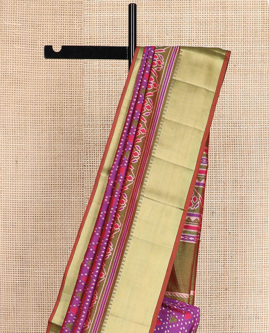 Purple motif semi-banaras patola silk saree, contrast temple border of ikkat designs, and pallu of floral and geometric design