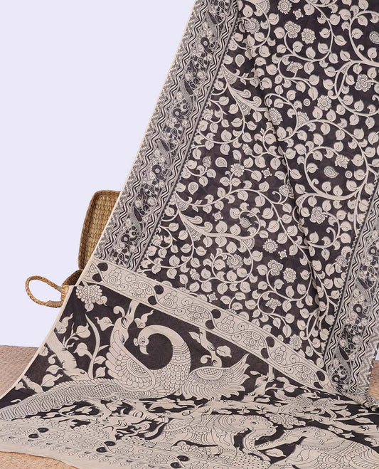 Black floral vine design machine-printed kalamkari cotton saree with self floral border & peacock design pallu