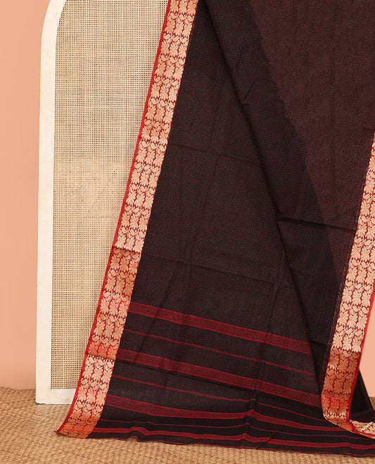 Brown Sparsely Woven Bengal Cotton Saree, a Contrast Paisley Creeper Border, Self-Pallu, and No Blouse