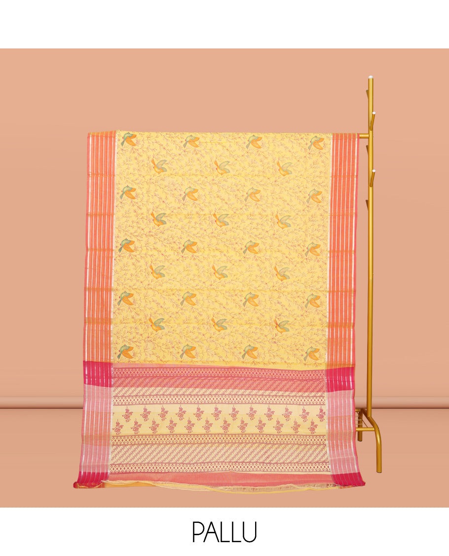 Yellow Chirala Cotton Saree, Accentuated with Floral-Bird Print, a Contrast Border, Printed Pallu, and a Matching Blouse