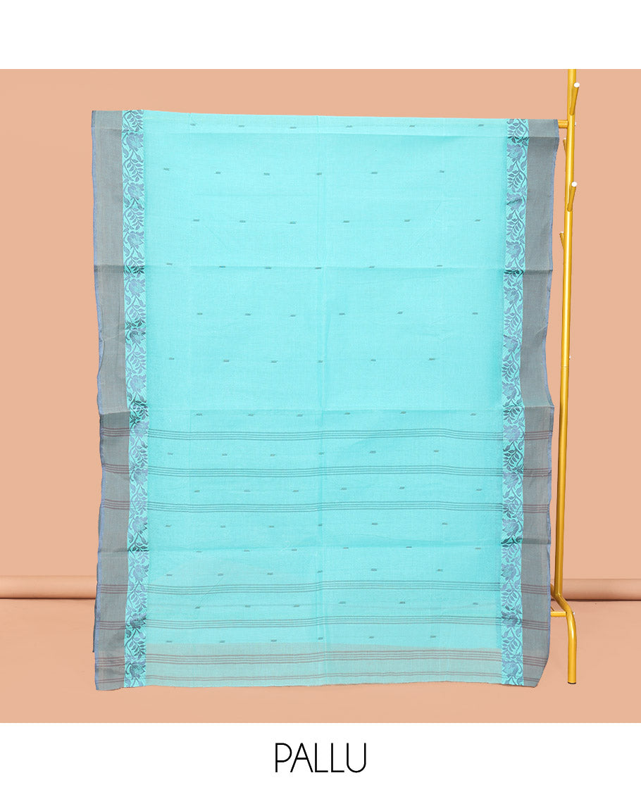 Turquoise Bengal Cotton Saree, Steeped with Buttas, a Contrast Floral Border, Pallu of Stripes and Buttas, and a Matching Blouse