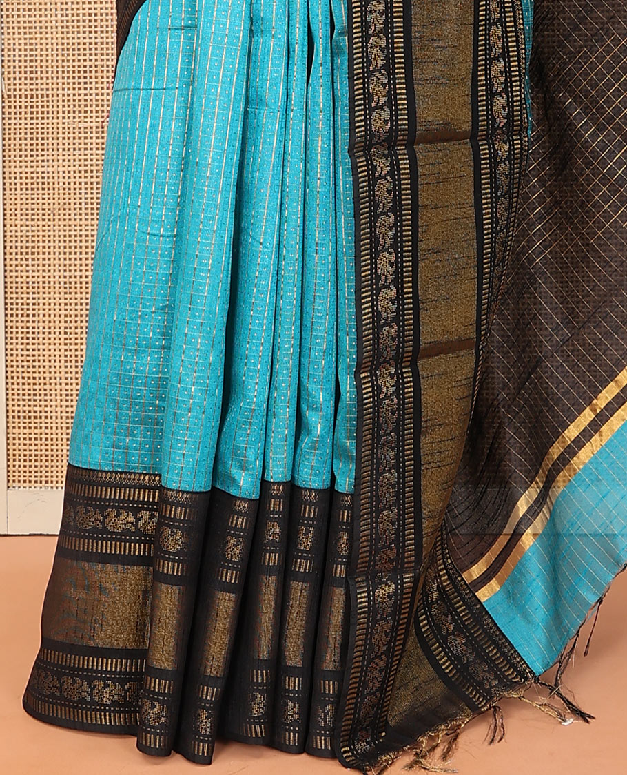 Blue butta enclosed checked dupion saree, contrast traditional zari border, and zari design pallu