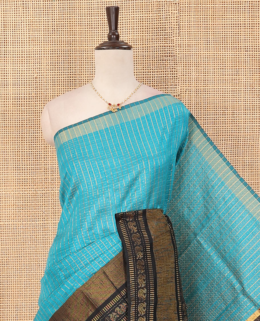 Blue butta enclosed checked dupion saree, contrast traditional zari border, and zari design pallu