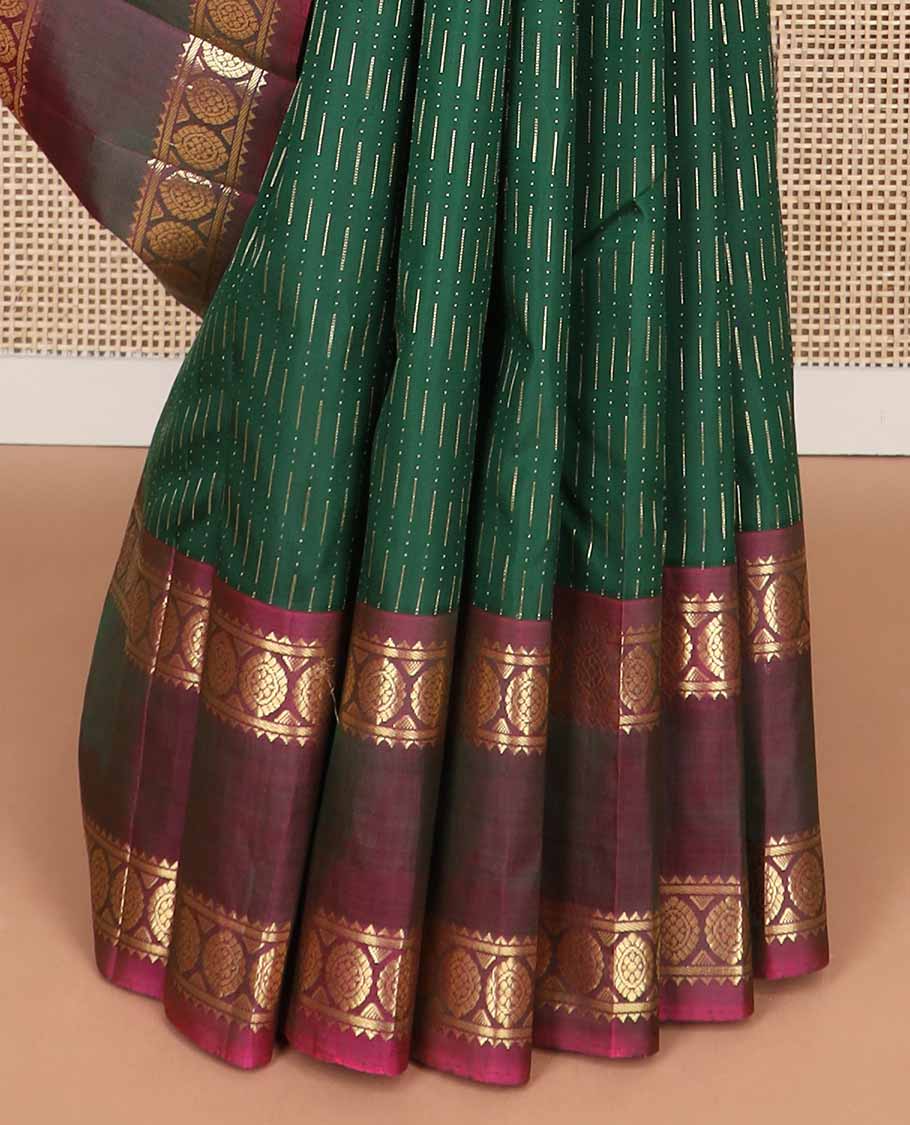 Green chevron kancheepuram silk saree with contrast border of rettai petti rekku, banaras, poo chakram design & zari design pallu