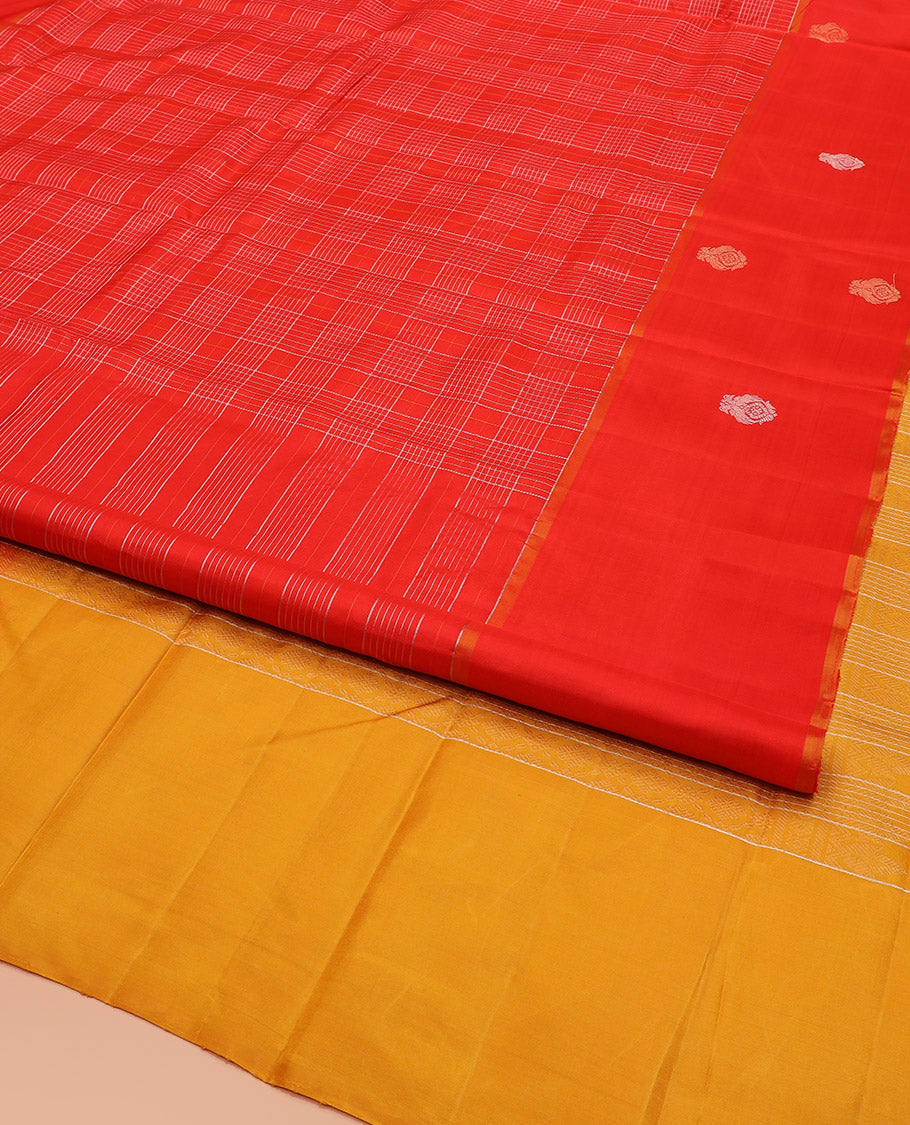 Red Kanchipuram Silk Saree, Scintillated with Zari Checks All Over Its Body, Highlighted by Self-Border of Iruthalai Pakshi Designs, Complemented by Contrast Striped Pallu, and Paired with a Contrast Blouse