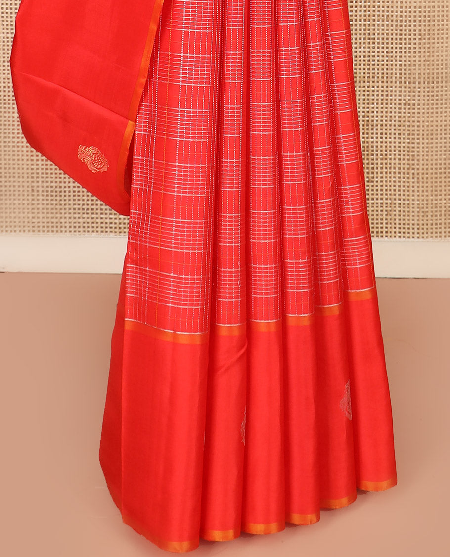 Red Kanchipuram Silk Saree, Scintillated with Zari Checks All Over Its Body, Highlighted by Self-Border of Iruthalai Pakshi Designs, Complemented by Contrast Striped Pallu, and Paired with a Contrast Blouse