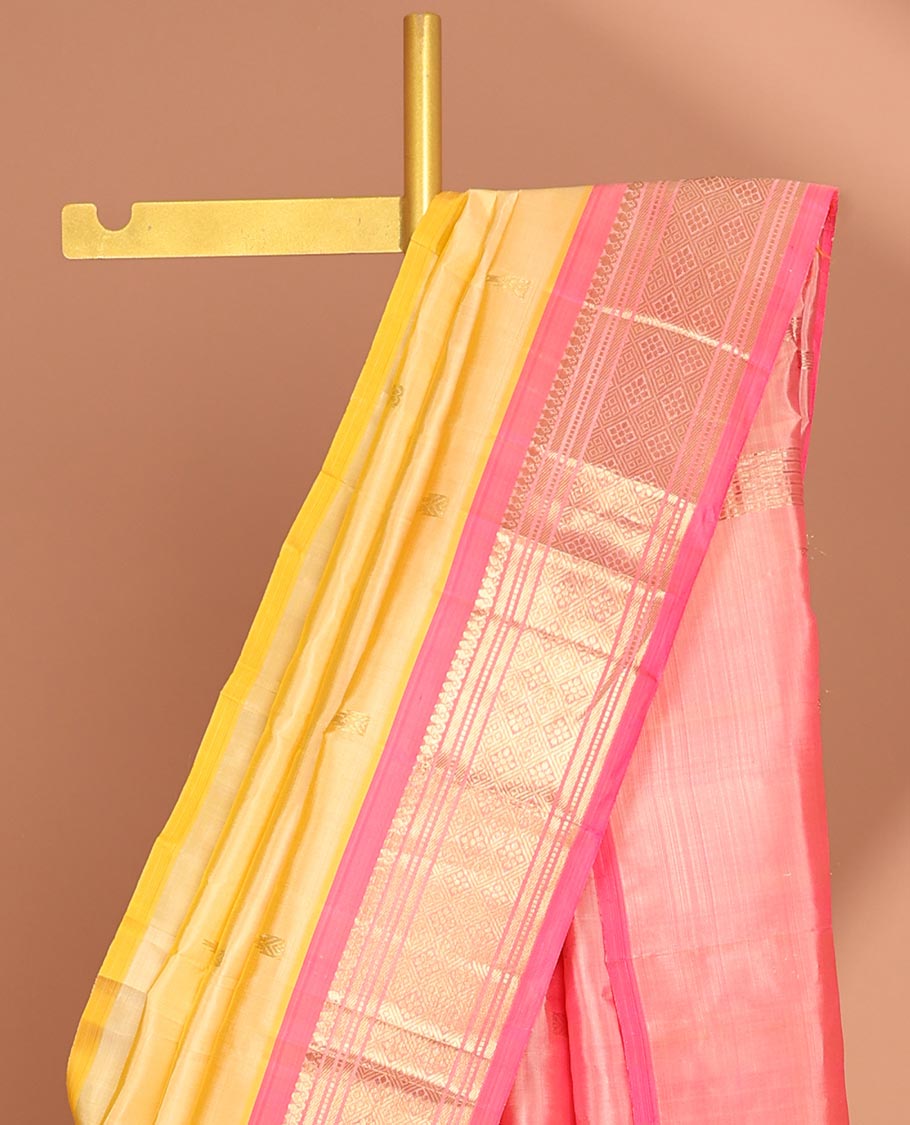 Yellow floral buttas kancheepuram silk saree with contrast border of sombu,banaras, muthu, jaal design & zari design pallu