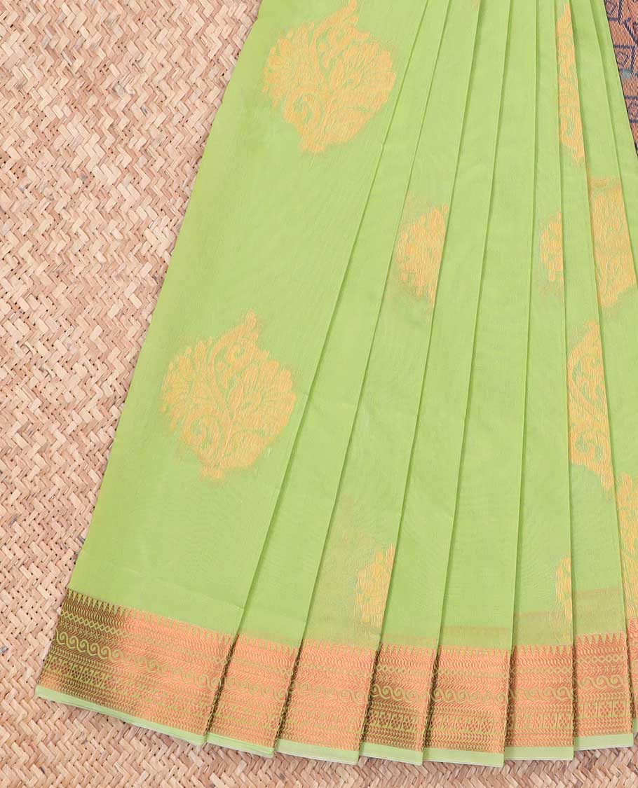 Green floral motifs kora cotton saree with contrast intricate zari design border & geometric zari design pallu