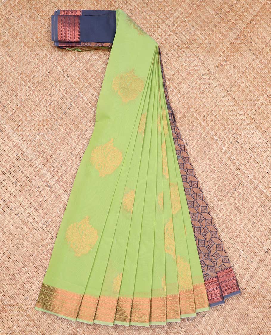 Green floral motifs kora cotton saree with contrast intricate zari design border & geometric zari design pallu