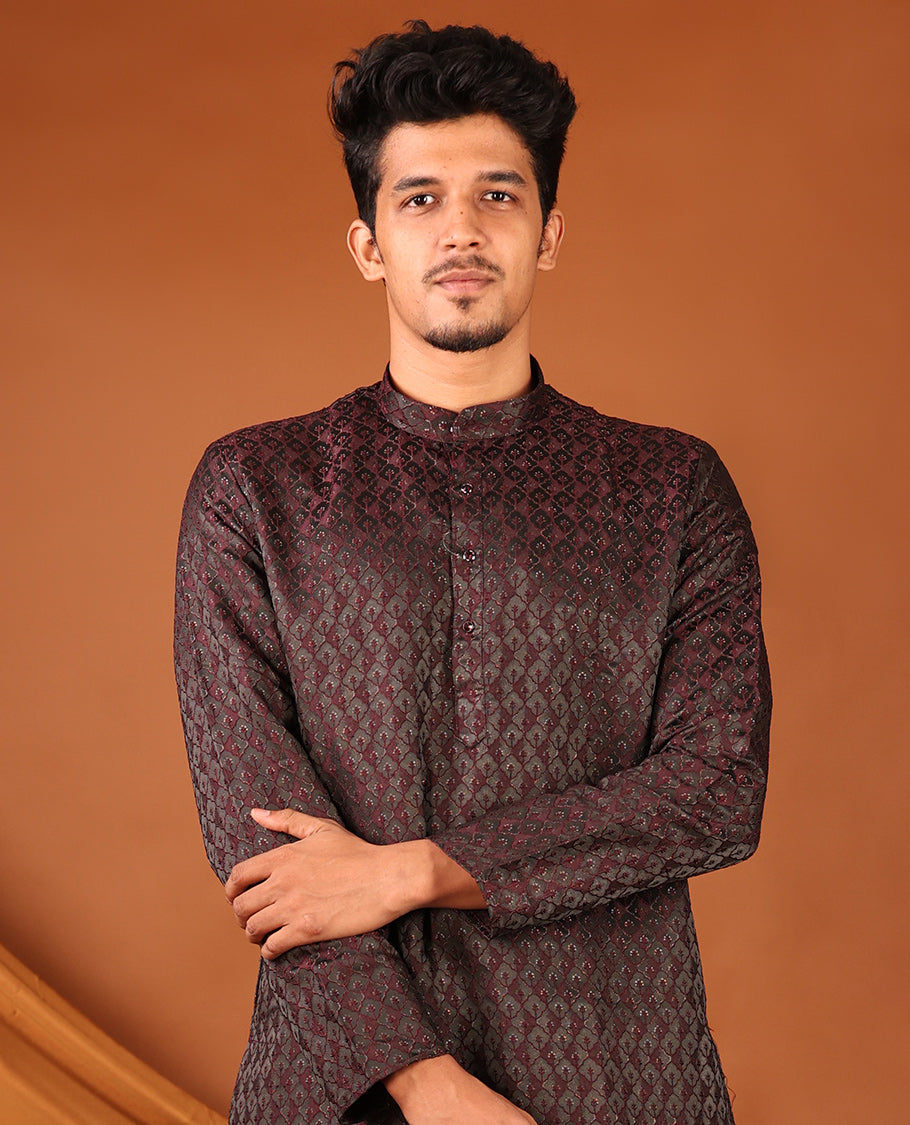 Dark Maroon Mughal-Style Jaal-Pattern Textured Full-Sleeved Men's Kurta