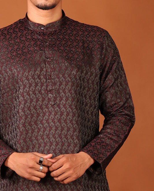 Dark Maroon Mughal-Style Jaal-Pattern Textured Full-Sleeved Men's Kurta