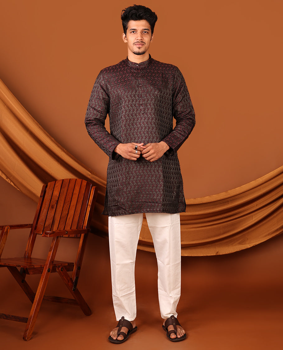 Dark Maroon Mughal-Style Jaal-Pattern Textured Full-Sleeved Men's Kurta