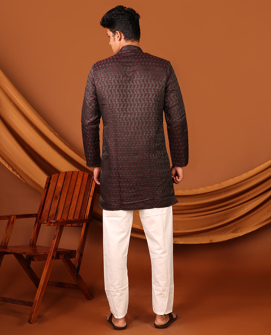 Dark Maroon Mughal-Style Jaal-Pattern Textured Full-Sleeved Men's Kurta