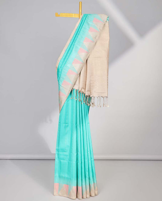 Green striped soft silk saree with contrast zari border & intricate zari design pallu