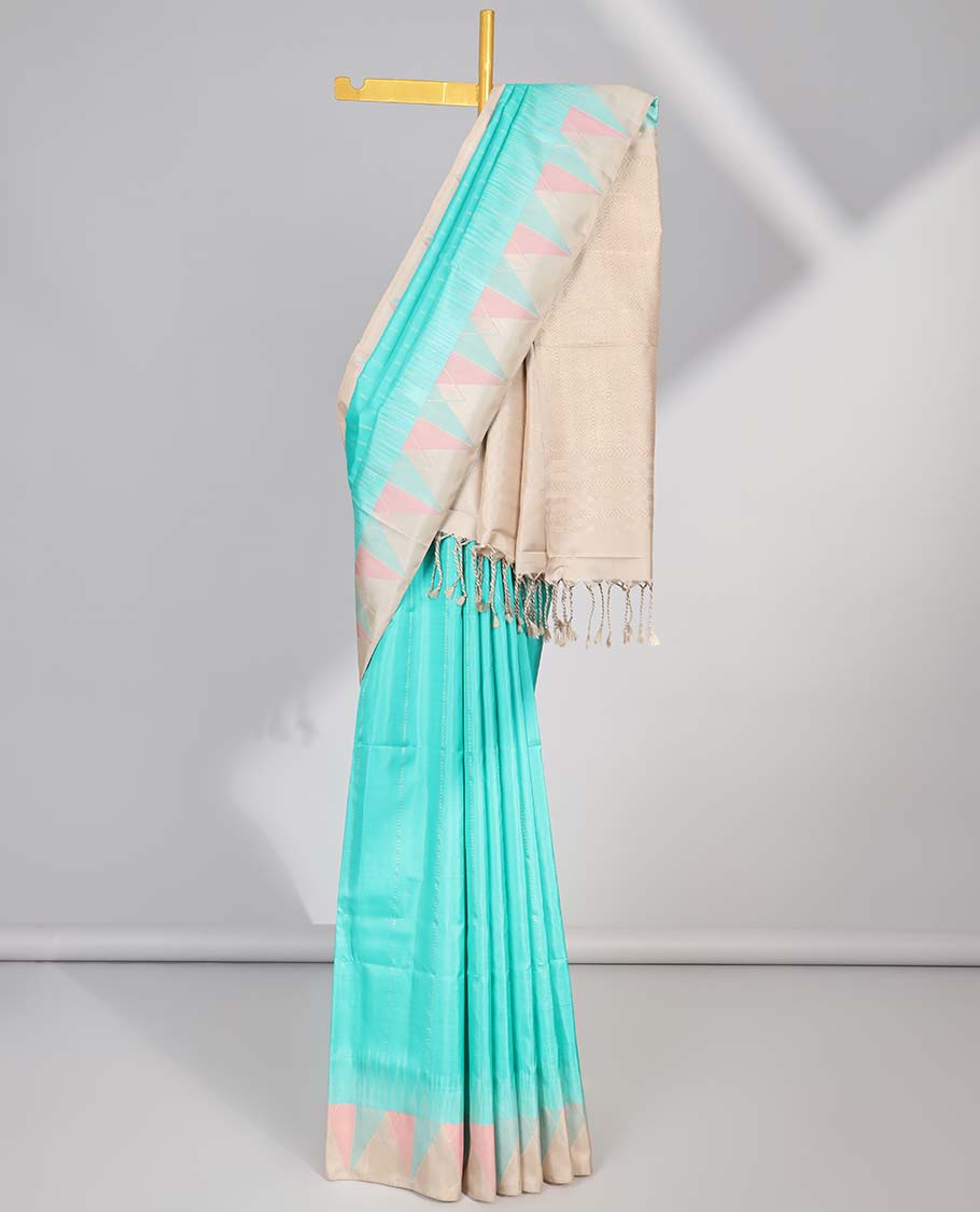 Green striped soft silk saree with contrast zari border & intricate zari design pallu