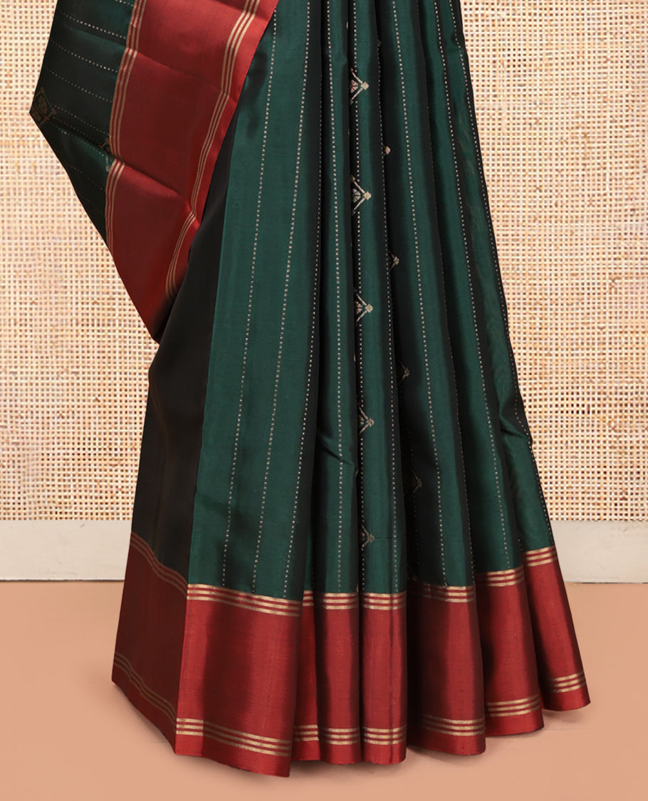 Green Mayuri Lite Silk Mix Saree, Enriched with Zari Buttas and Stripes, Complemented by a Contrast Bodi Border, Jaal Pallu, and a Contrast Blouse