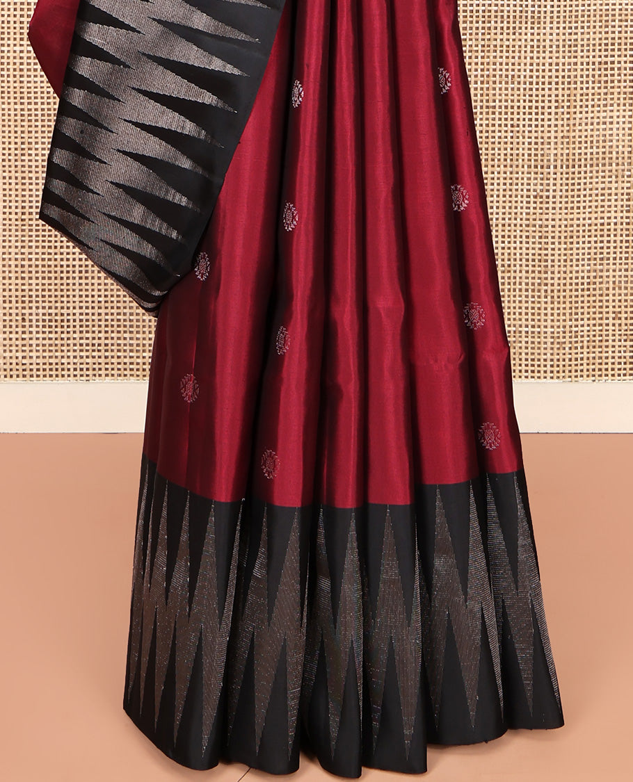 Red Mayuri Soft Silk Saree, Adorned with Zari Buttas All Over Its Body, Complemented by Contrast Chevron Striped Border, Pallu of Geometric Patterns and Paired with a Contrast Blouse