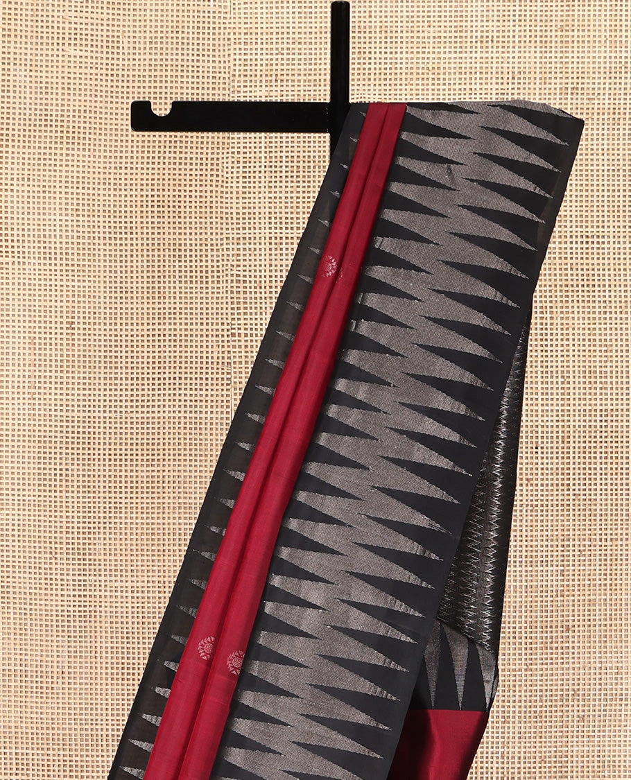 Red Mayuri Soft Silk Saree, Adorned with Zari Buttas All Over Its Body, Complemented by Contrast Chevron Striped Border, Pallu of Geometric Patterns and Paired with a Contrast Blouse