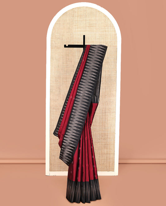 Red Mayuri Soft Silk Saree, Adorned with Zari Buttas All Over Its Body, Complemented by Contrast Chevron Striped Border, Pallu of Geometric Patterns and Paired with a Contrast Blouse