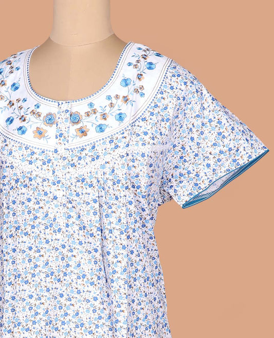 White-blue floral vine printed with neck floral embroidered half-sleeve round neck cotton nighty